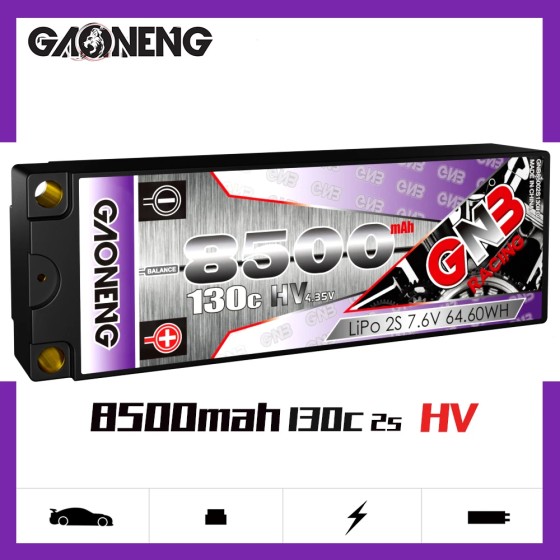 GNB GAONENG HV 8500MAH 2S 2S2P 7.6V 130C Hard Case 6.0mm Built-in Bullet RC LiPo Battery for 1:10 1/10 Scale RC Racing Car LiHV